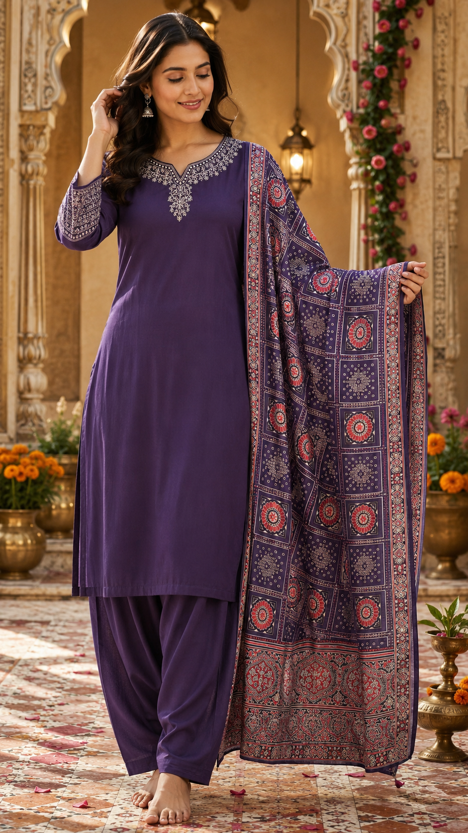 Premium gaji silk with ajrakh dupatta in purple with pretty designer back