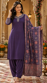 Premium gaji silk with ajrakh dupatta in purple with pretty designer back