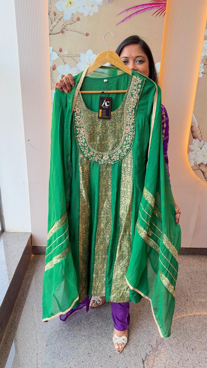 Premium dola silk with brocade with zardosi handwork full suit set in green
