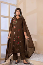 Pure Mul cotton embroidered suit set in brown