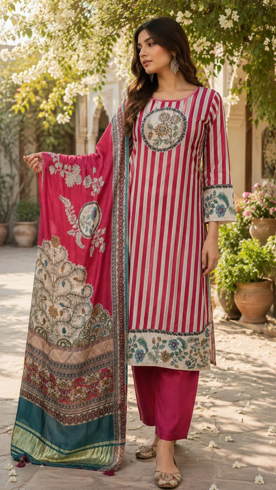 Pretty Russian silk suit paired with gaji silk lakri patta dupatta