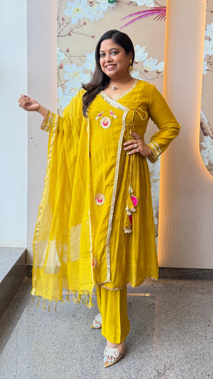 Premium Mul chanderi angrakha pattern gotta detailing suit set in yellow