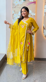 Premium Mul chanderi angrakha pattern gotta detailing suit set in yellow