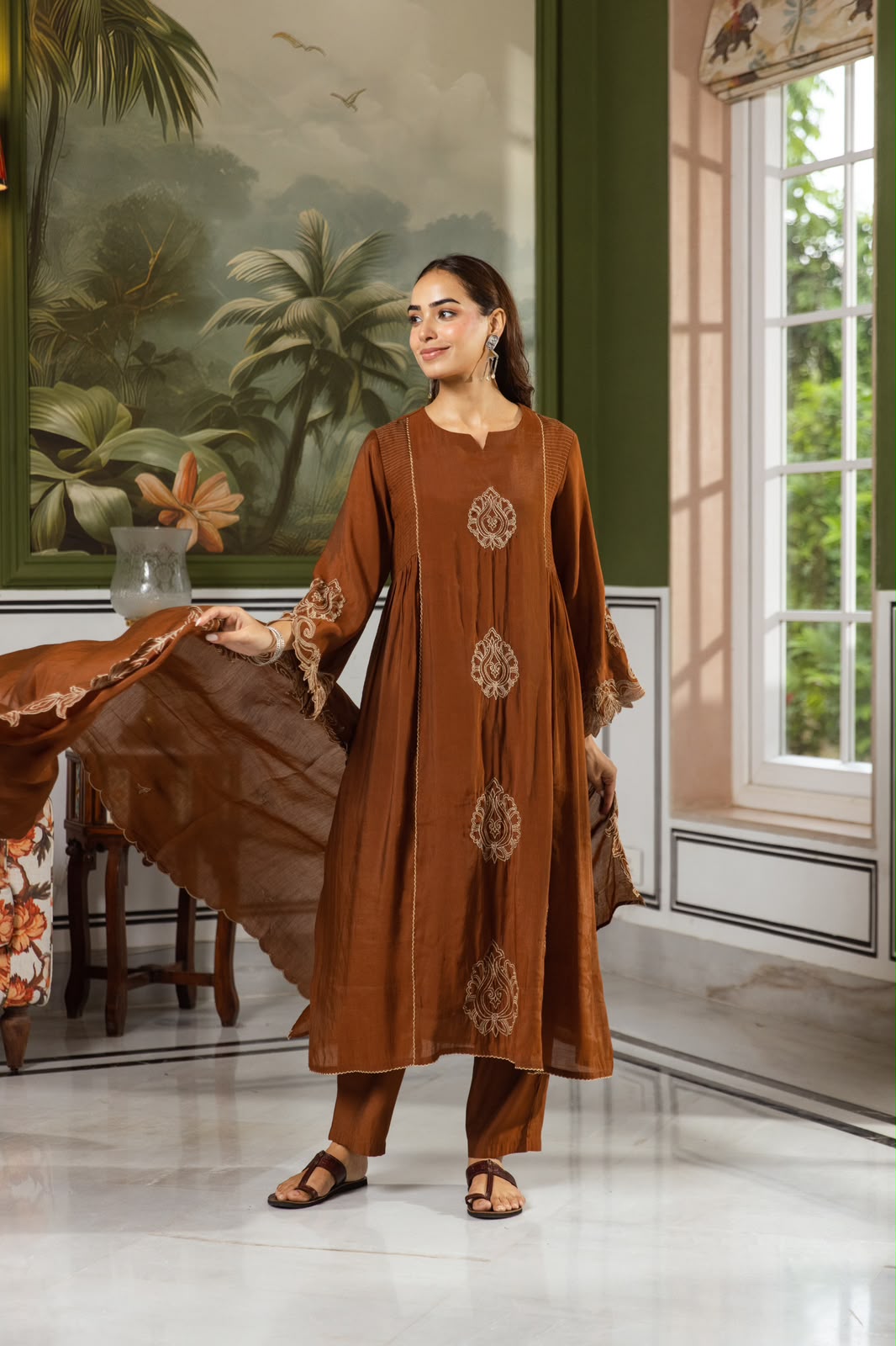 Brown Mul chanderi applique embroidered suit set in brown