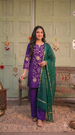 Zari embroidered banarsi super soft Mul chanderi lining full suit in purple