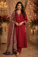 Super premium gaji silk suit set in red paired with Kalamkari dupatta in red
