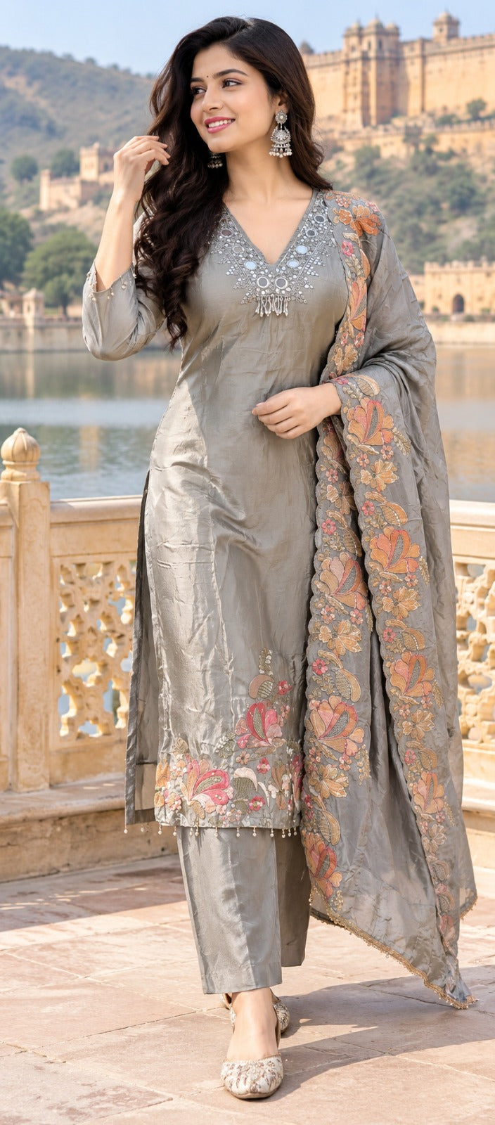 Pure crepe designer applique suit set in grey in real mirror Full Suit