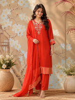 Pretty Mul chanderi with zari work and detailing lining full suit in red