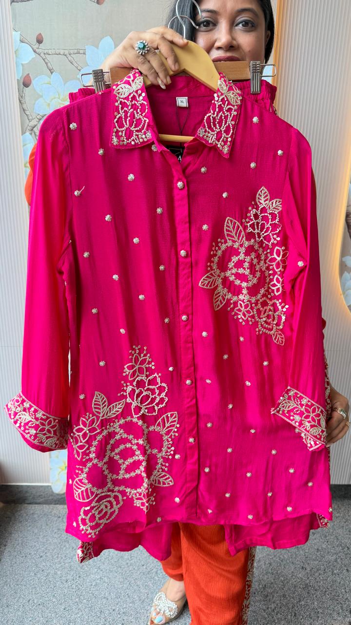Premium chinon with lining pretty handwork co ord in Rani pink