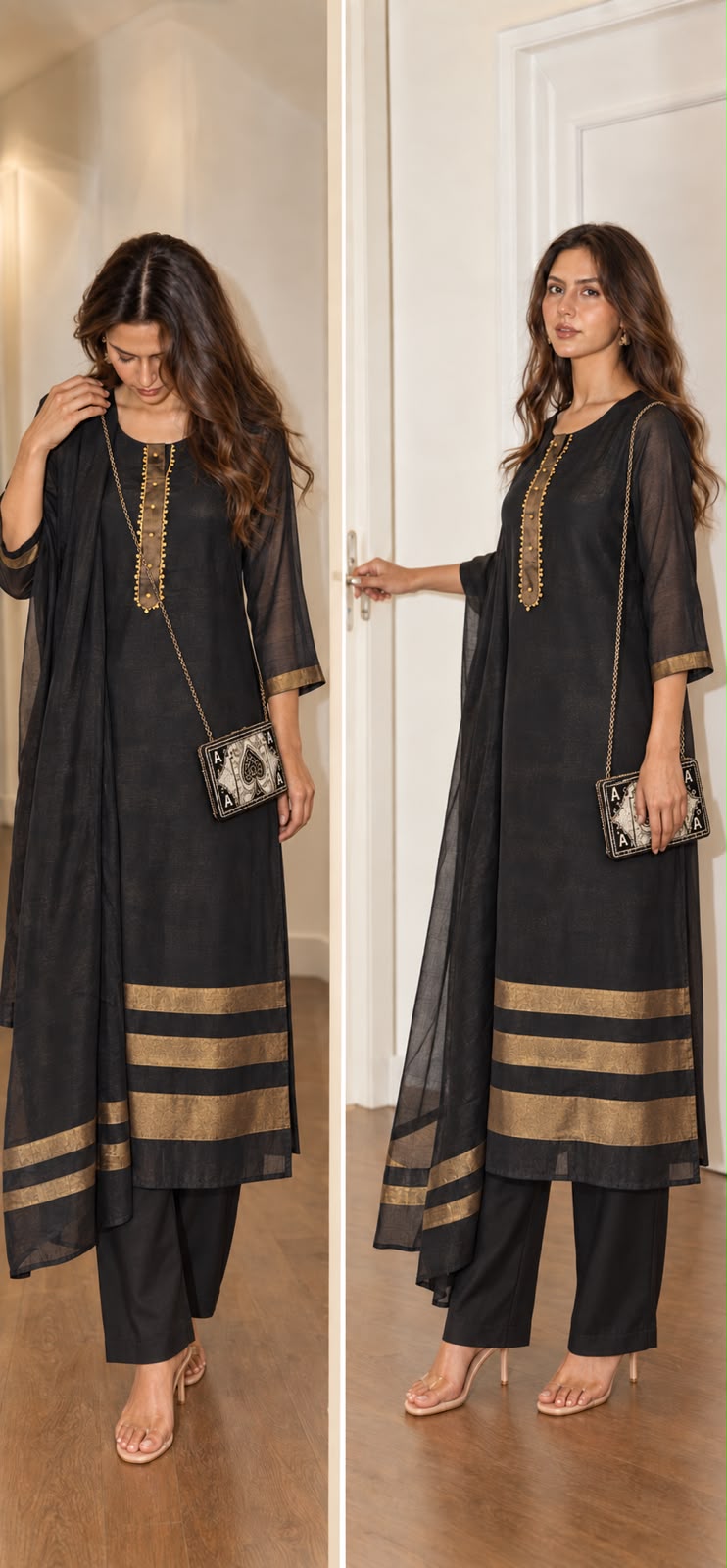 Designer heavy black n gold suit crepe suit set with bag