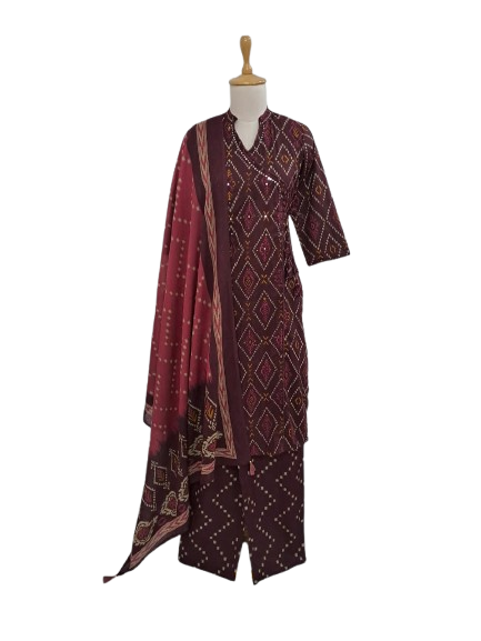 Cotton angrakha bandhani full suit set in wine