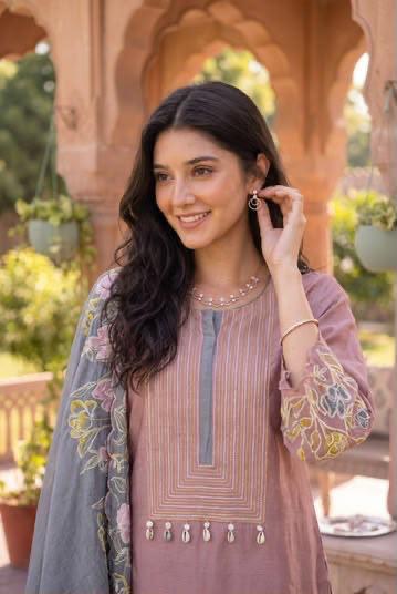 Premium Mul chanderi applique suit set in onion pink
