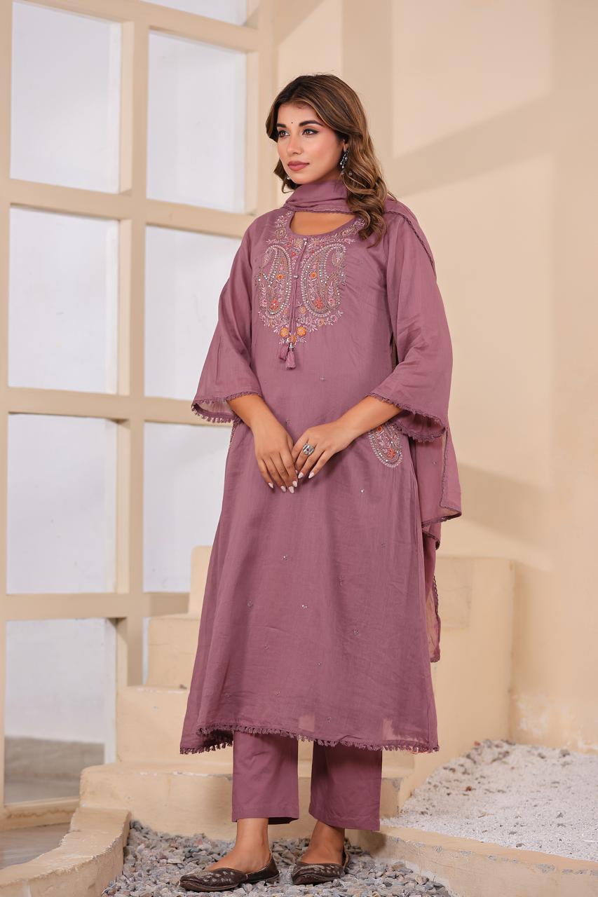 Premium Mul cotton purple paisley embroidered designer pocket suit set