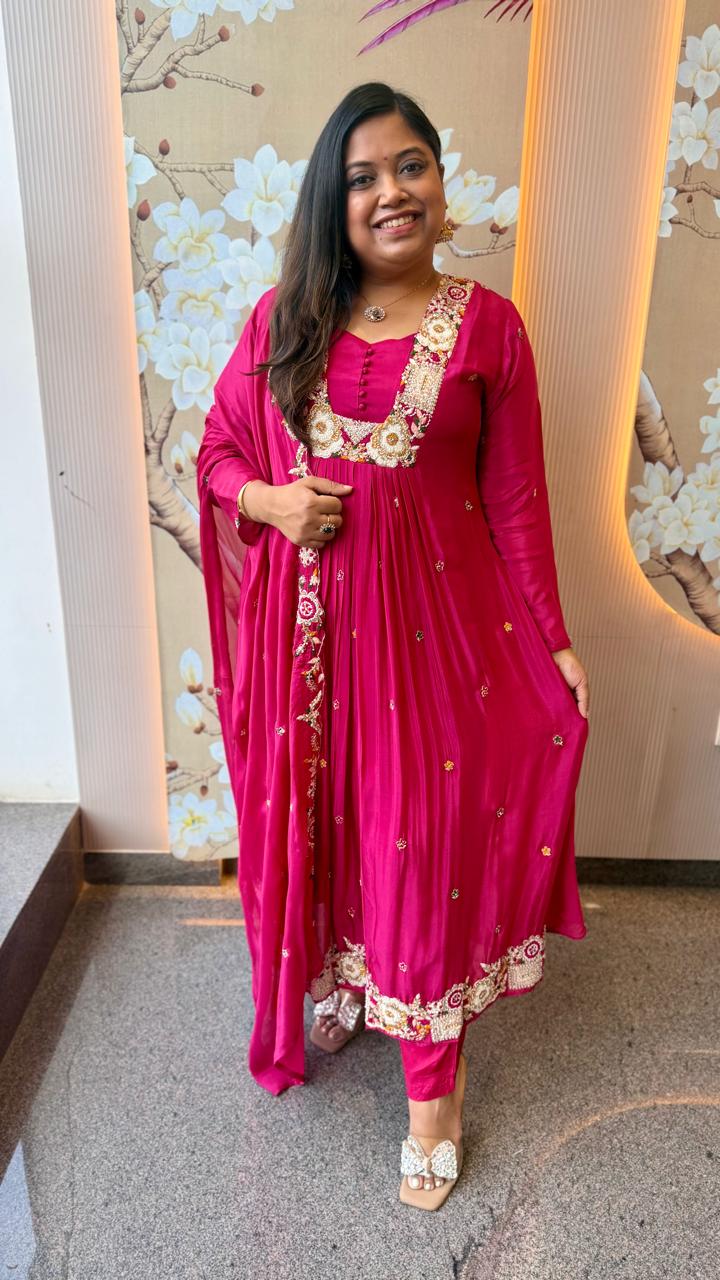 Premium chinon handwork Anarkali suit set in pink