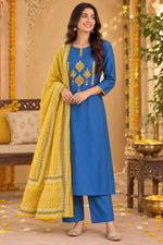 Premium cotton applique suit set in blue n yellow