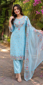 Kota checks suit set highlighted with katha stitch and zari detailing in blue