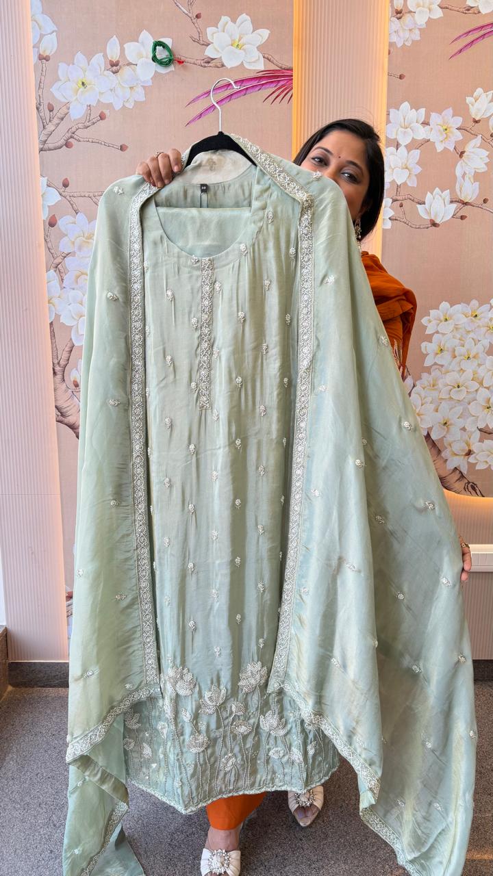 Restocked premium tissue with pearl detailing suit in green ( slight slim )