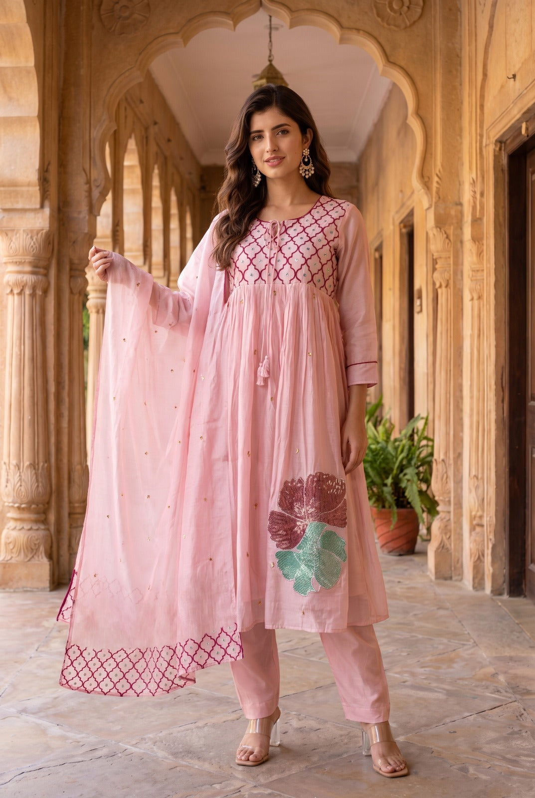 Gorgeous applique work Mul chanderi suit set in pink