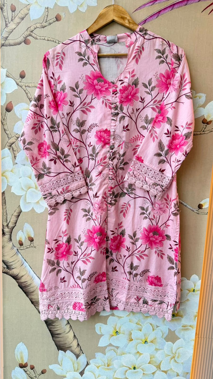 Super pretty cotton lace detailing suit set paired with Afghani pants in pink
