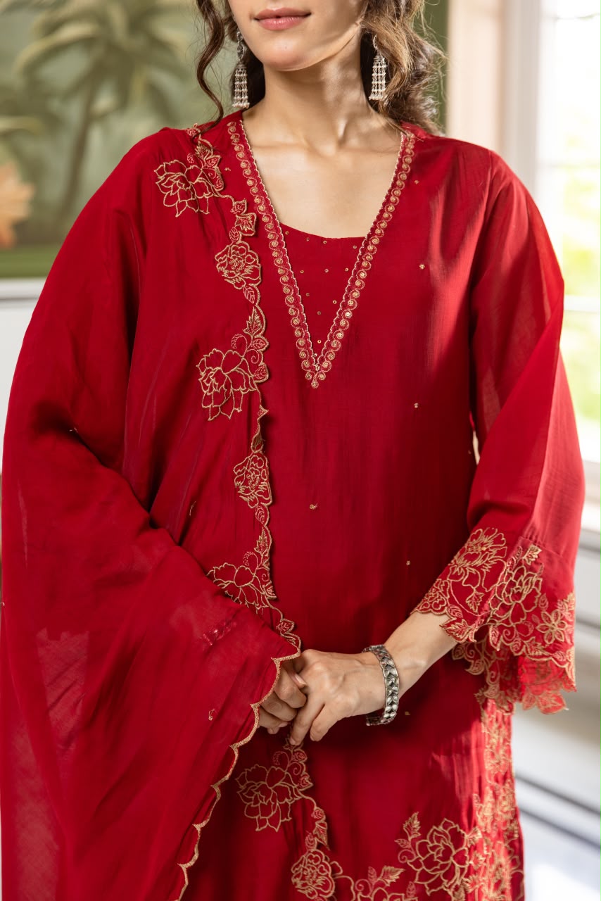 Mul chanderi red farshi salwar suit set