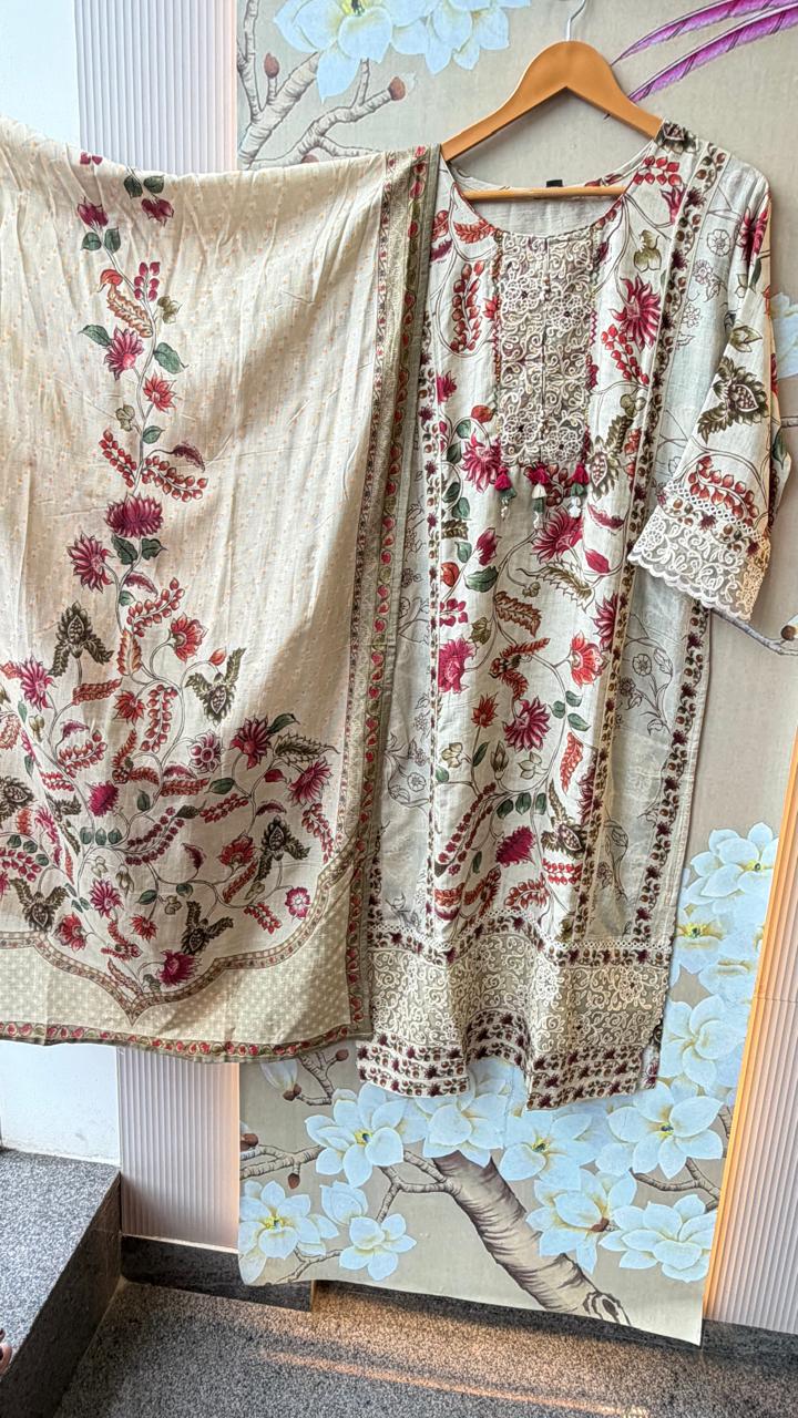 Mul silk Kalamkari lining with lace detailing beige n red suit set