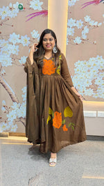 Mul cotton applique work lining full suit set in brown