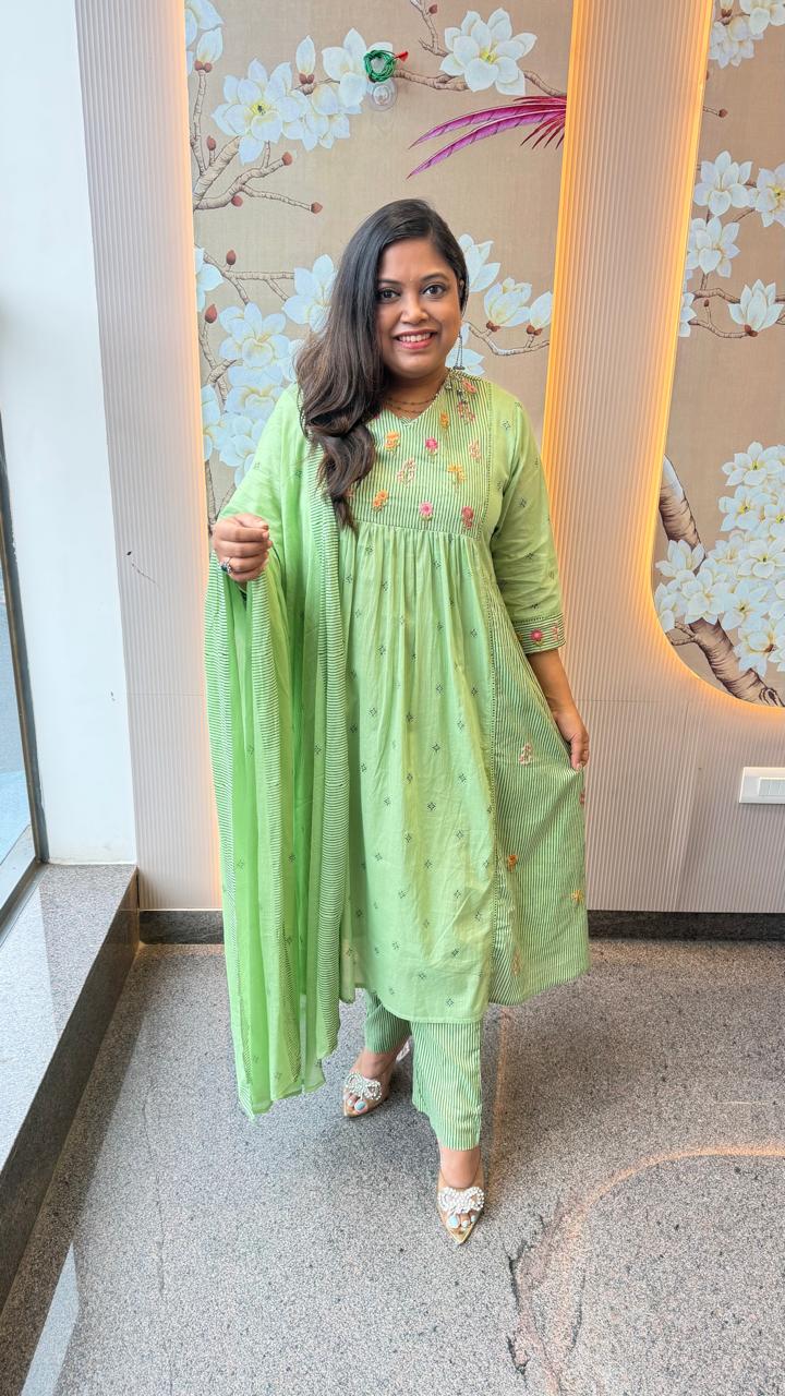 Pretty cotton lining embroidered suit set with pocket and Mul cotton dupatta in mint green