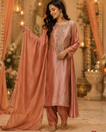 Premium tissue suit set with giraffe fabric and hand work on yoke in peach