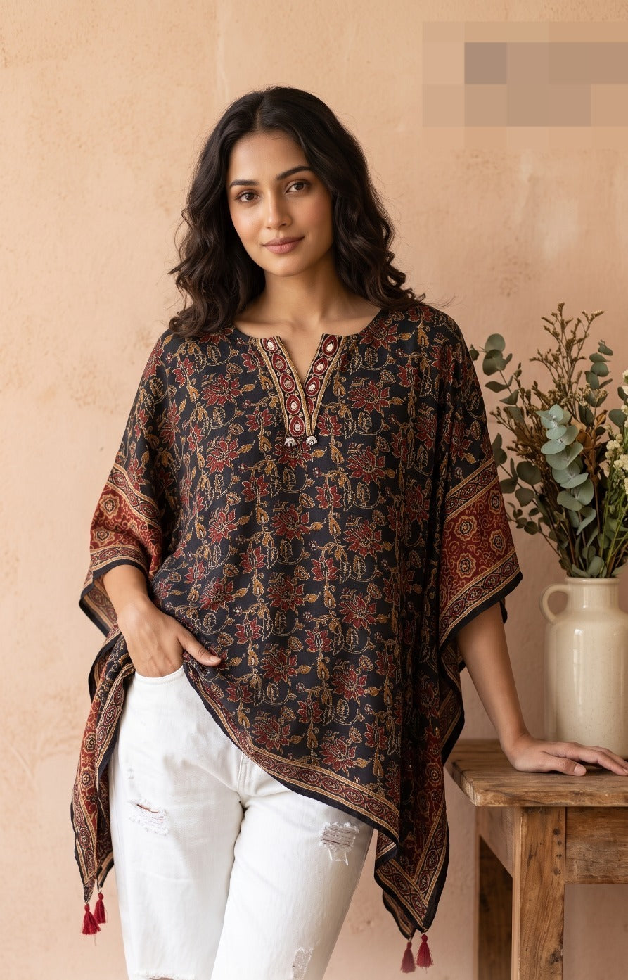 Pure crepe ajrakh kaftan top in black