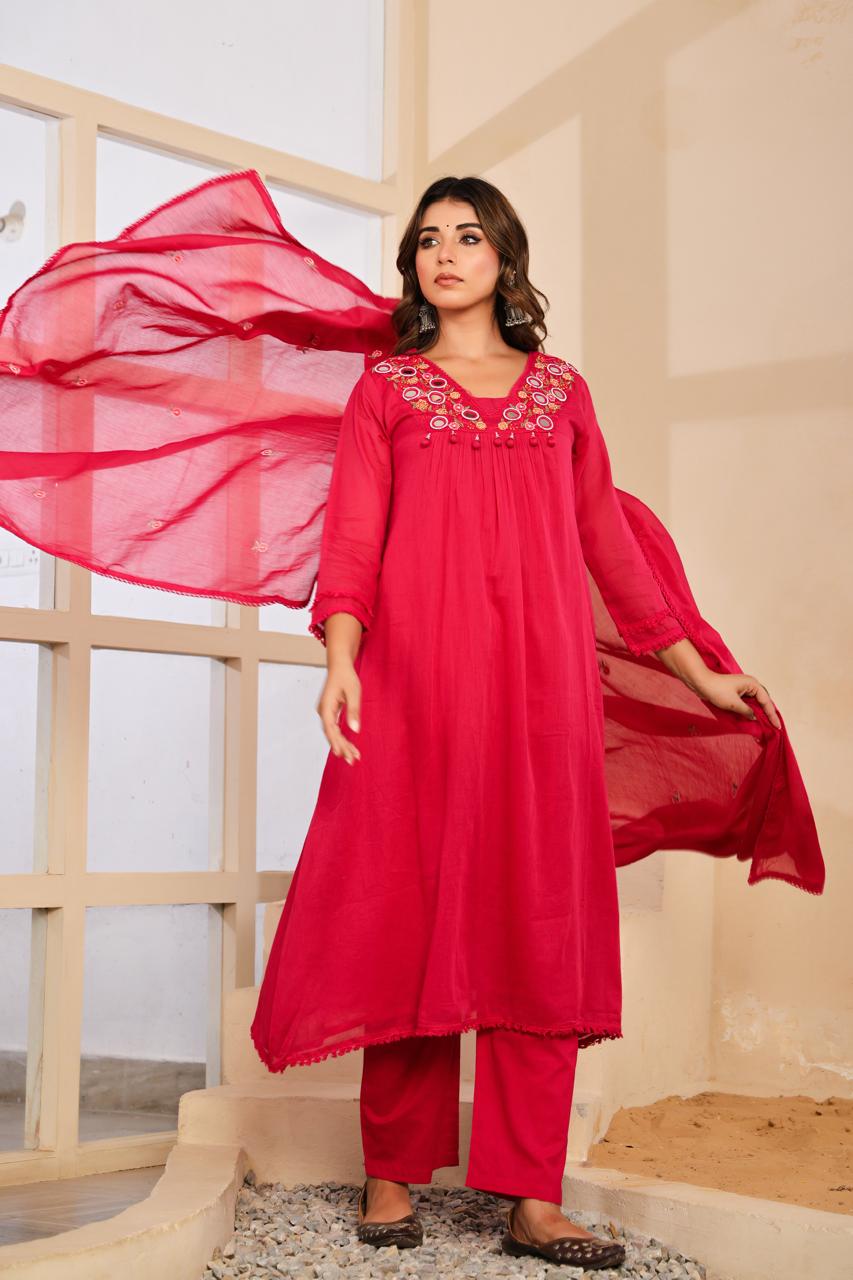 Pure Mul cotton real mirror full suit set in pink