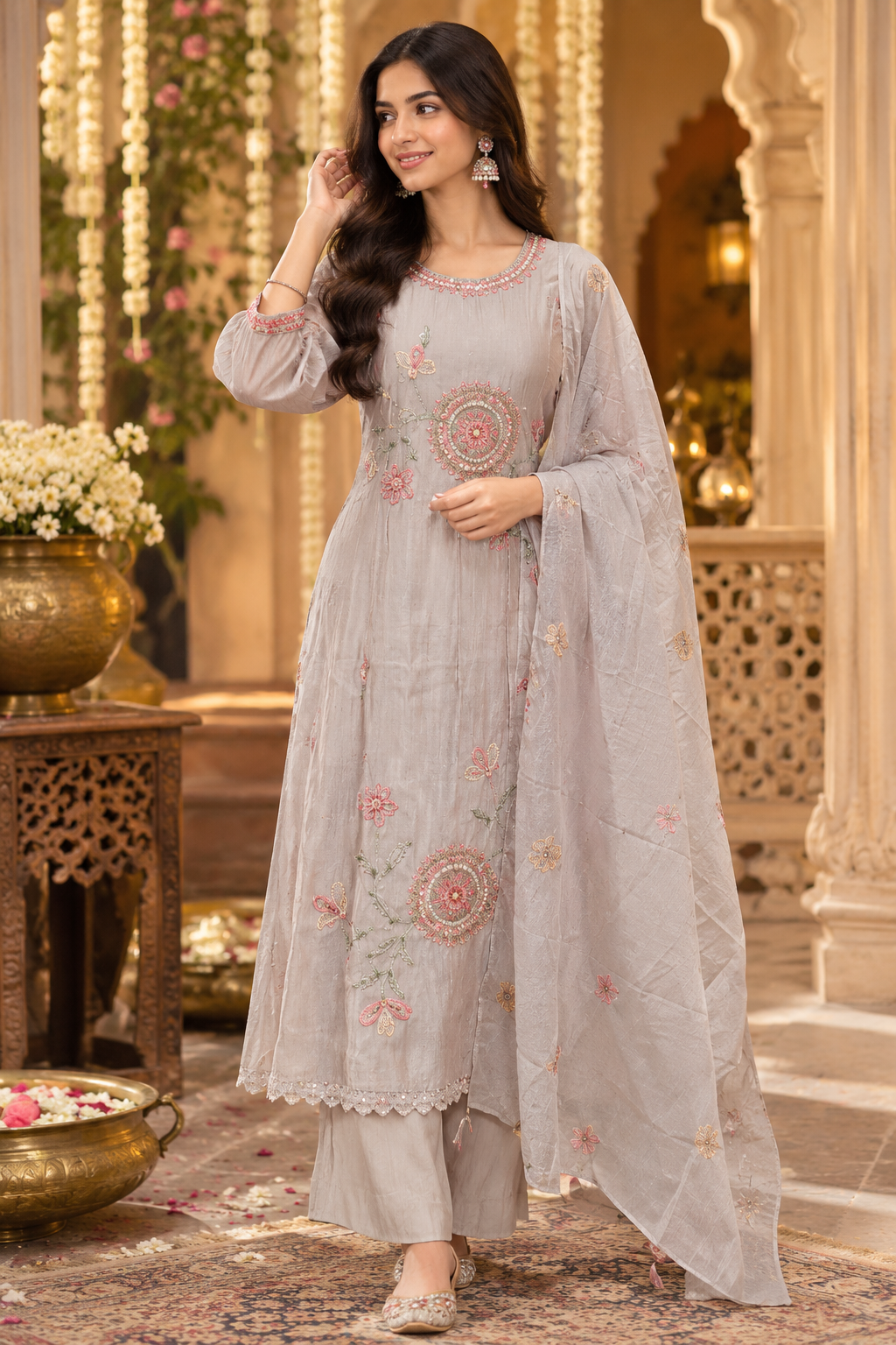 Wow Mul chanderi hand work suit set