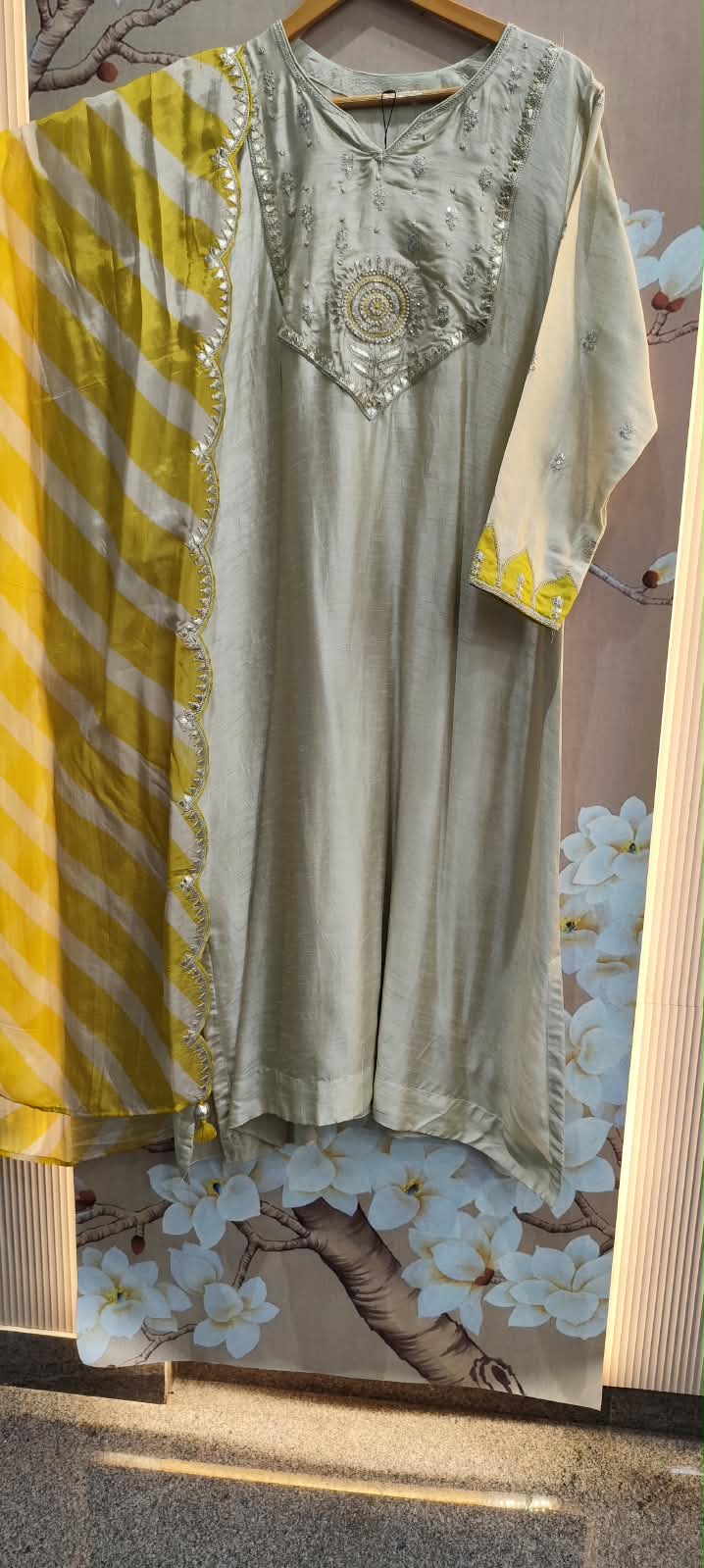 Pretty dola silk with designer back suit set with orgenza Lehariya dupatta yellow