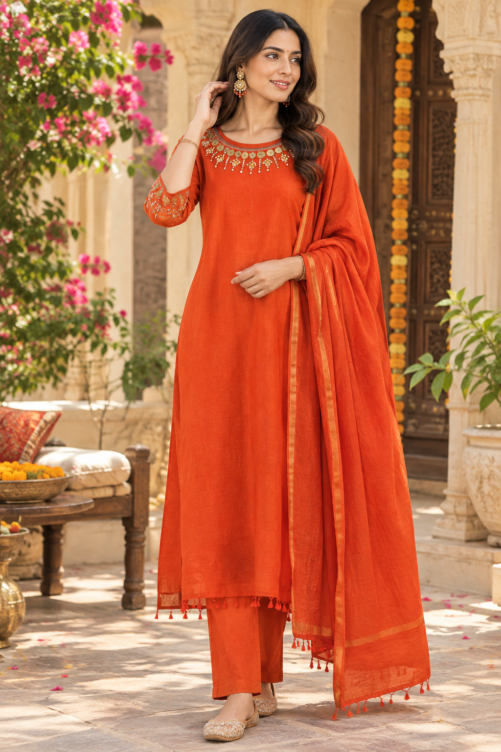 Super pretty handwork Mul chanderi suit set in orange