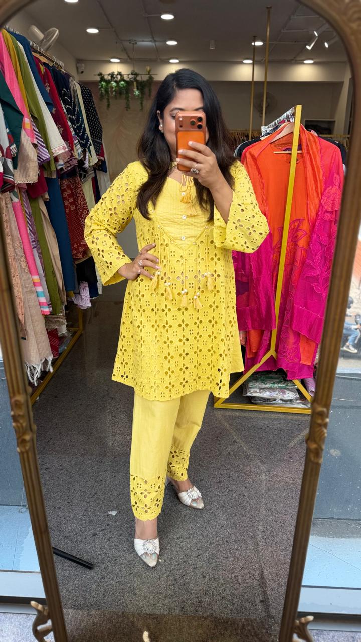Premium cotton shifli co ord in yellow