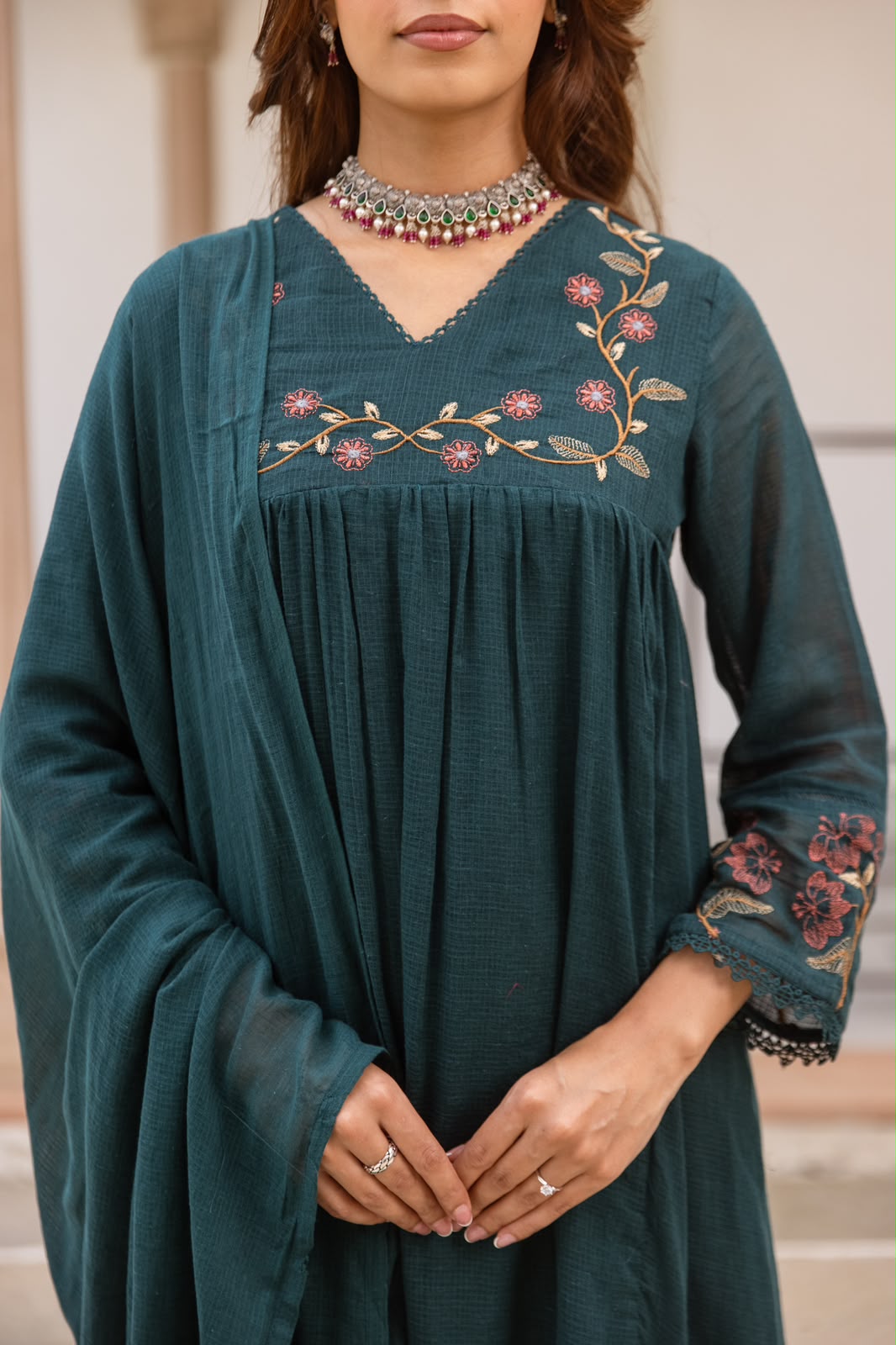 Kota checks cotton embroidered full Anarkali suit set