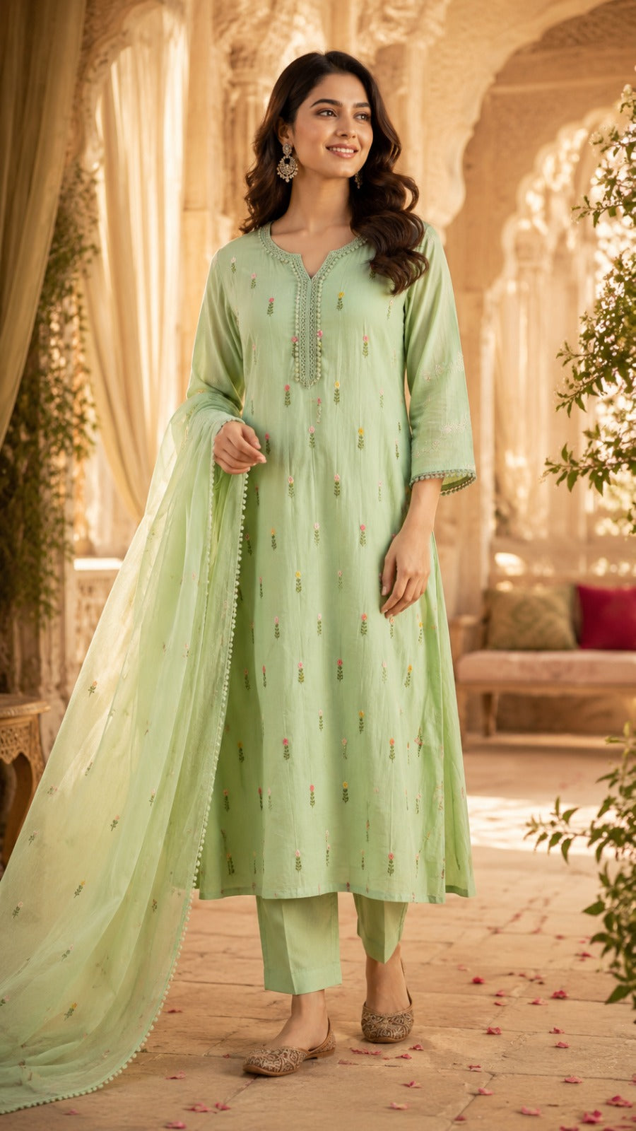 Mul chanderi fully embroidered with designer sleeves full suit set in green