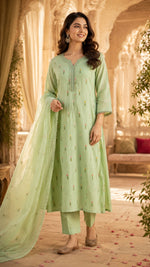 Mul chanderi fully embroidered with designer sleeves full suit set in green
