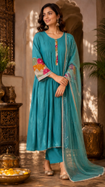 Pretty Mul chanderi full suit with beautiful handwork in blue