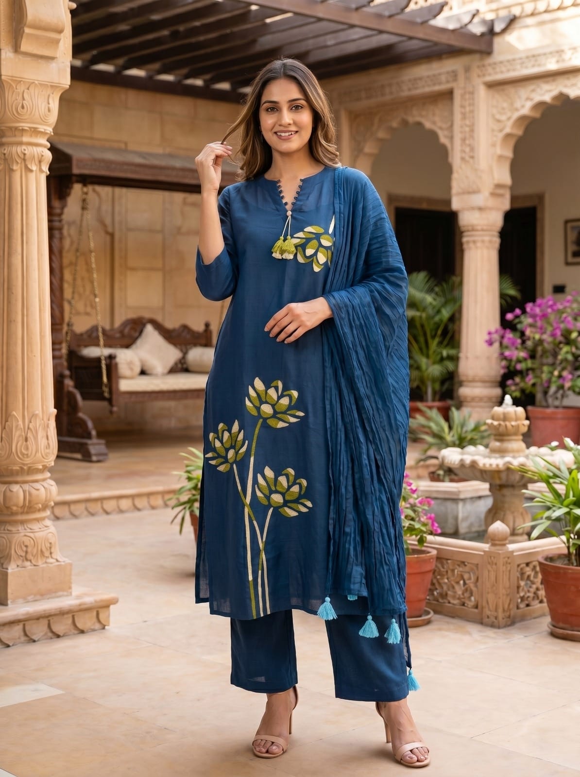 Super pretty designer neck cotton suit set in blue
