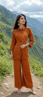 Pure crepe bandhani co ord set in rust