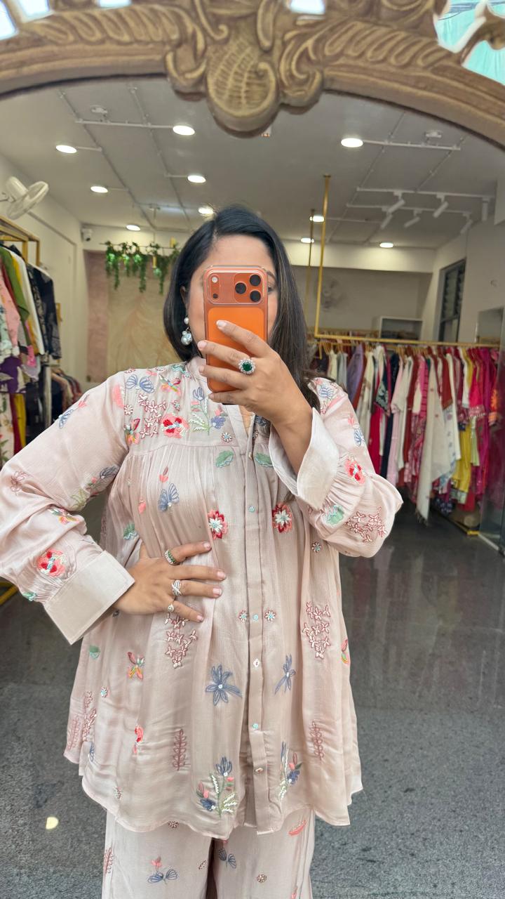 Premium chinon fully embroidered nude pink co ord set