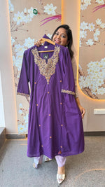 Premium Zari detailing cotton full suit set in purple
