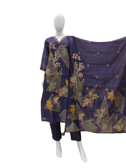 Chanderi silk katha work suit set