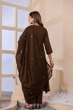 Pure Mul cotton embroidered suit set in brown