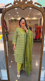 Designer Pure cotton V neck suit set in green