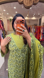 Designer Pure cotton V neck suit set in green