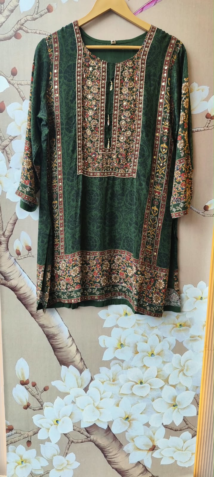 Super wow pure crepe silk lining ajrakh suit set in green