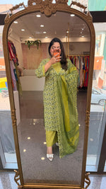 Designer Pure cotton V neck suit set in green