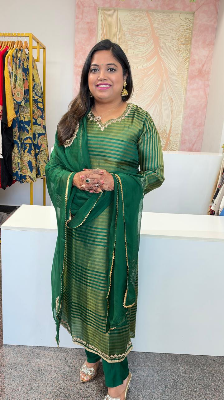 Pretty tissue suits with designer back n dupatta in green slim fit