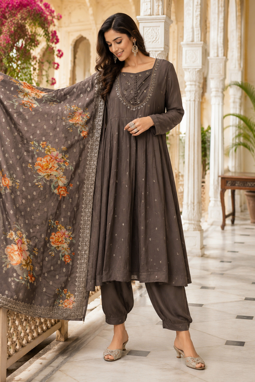 Premium chinon full sequins detailing Anarkali suit set paired with weaved banarsai dupatta in brown